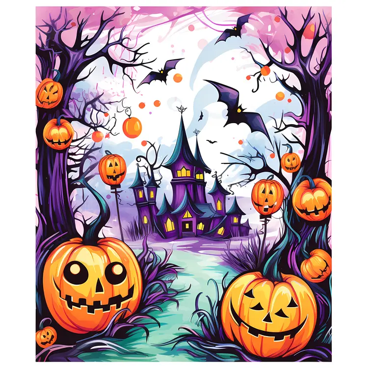 Haunted House with Pumpkins and Halloween Decorations