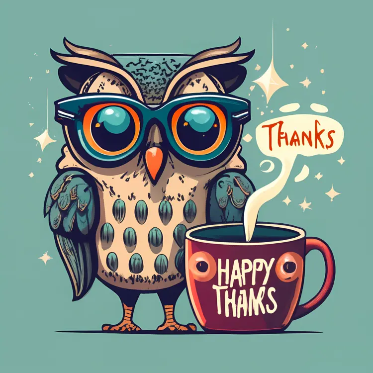 Cute Owl with Glasses and Coffee Cup Saying Thanks