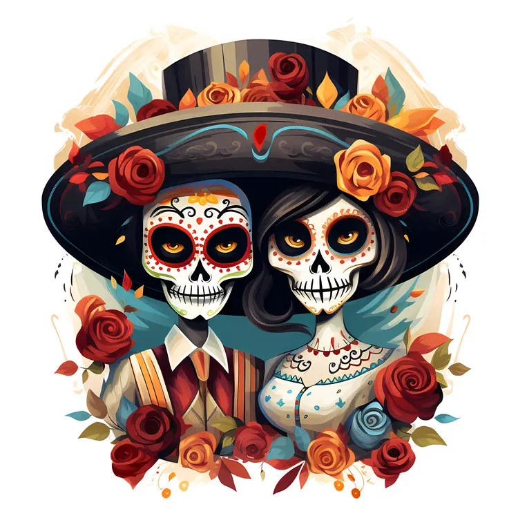 Sugar Skull Couple with Roses for Day of the Dead