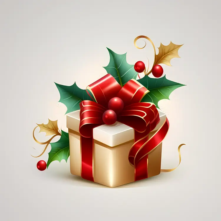 Festive Gift Box with Holly Leaves and Red Ribbon