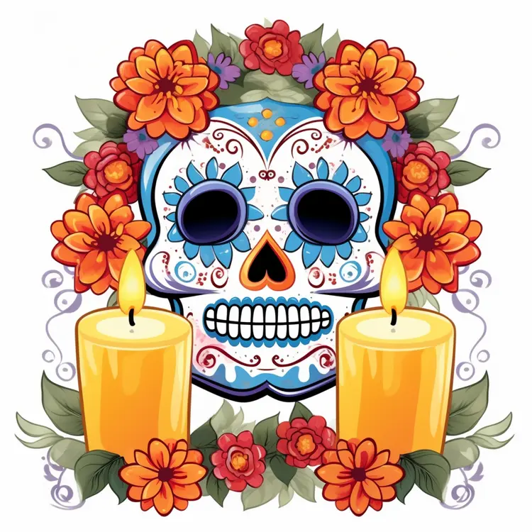 Colorful Sugar Skull with Candles and Flowers for Day of the Dead