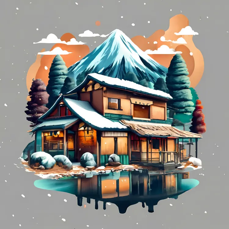 Small cute doodle house in snowy mountain landscape