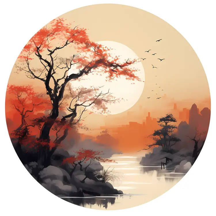 Tree by the River at Sunset