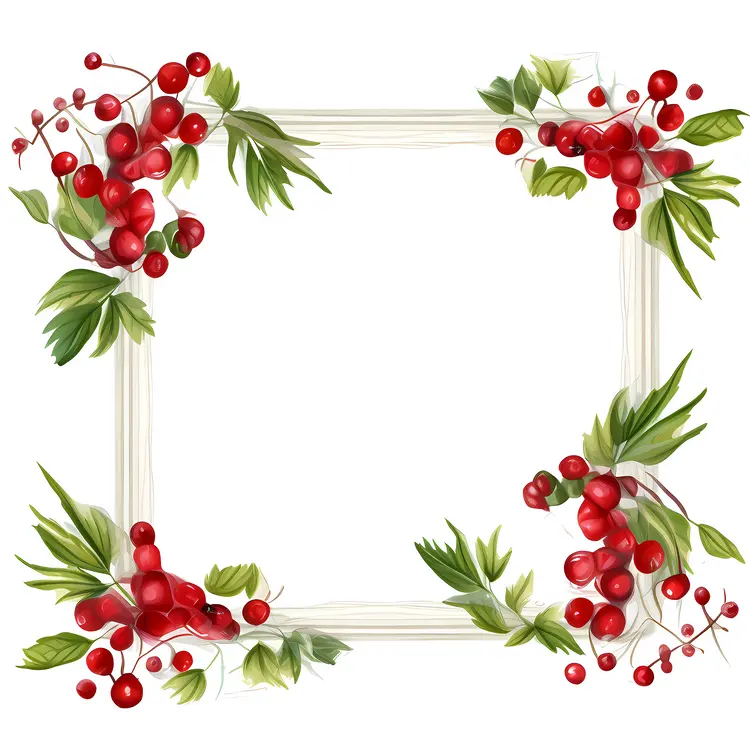 Square Wooden Frame with Red Berries and Leaves