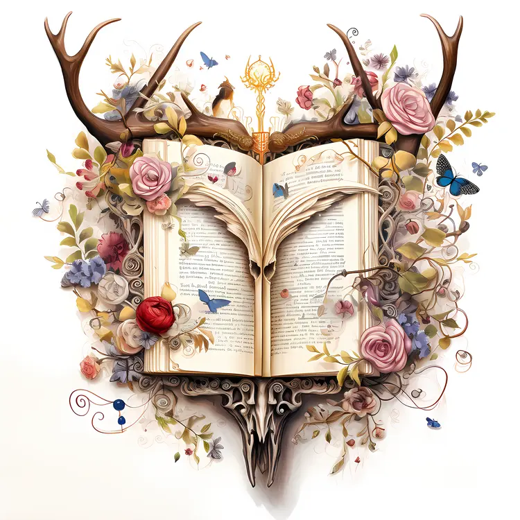 Open Book with Antlers and Floral Decor