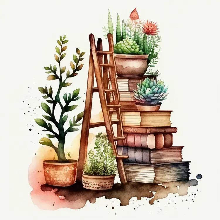Wooden Ladder with Books and Plants in Watercolor Style
