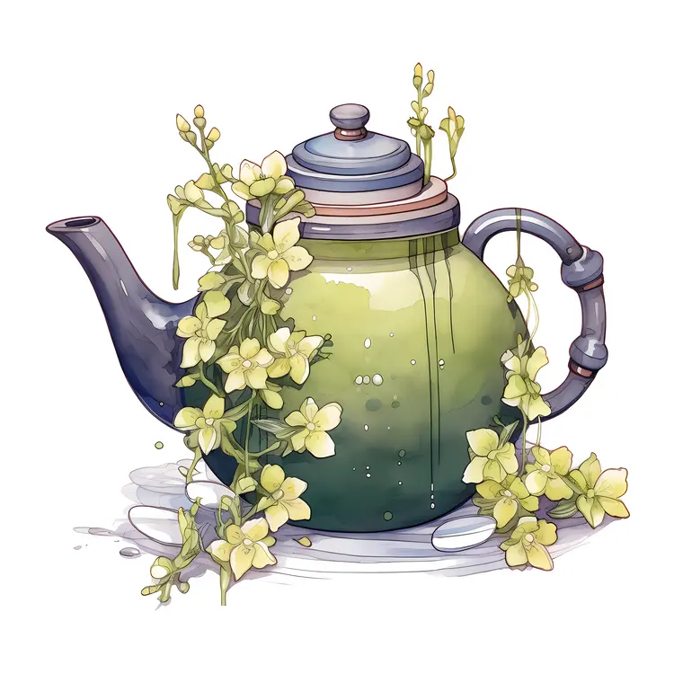 Green Teapot with Flowers Illustration