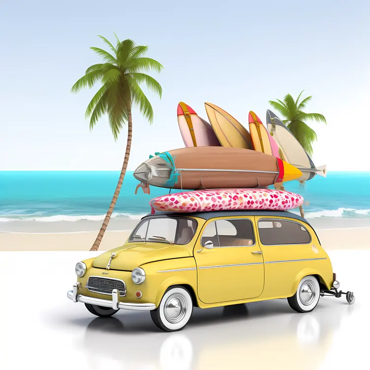 Yellow Car with Surfboards on a Beach