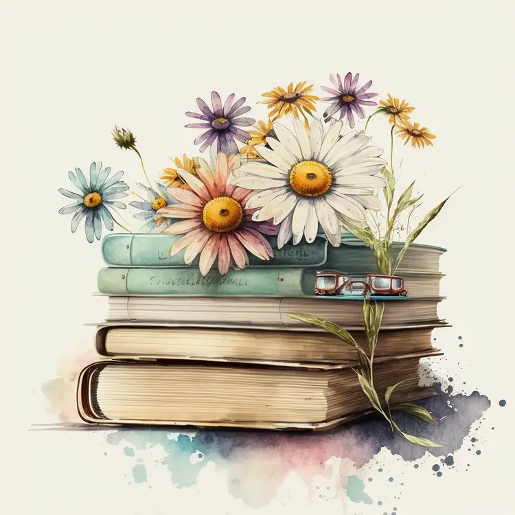 Books with Flowers and Glasses in Watercolor Style