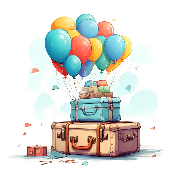Colorful Balloons and Suitcases for Travel