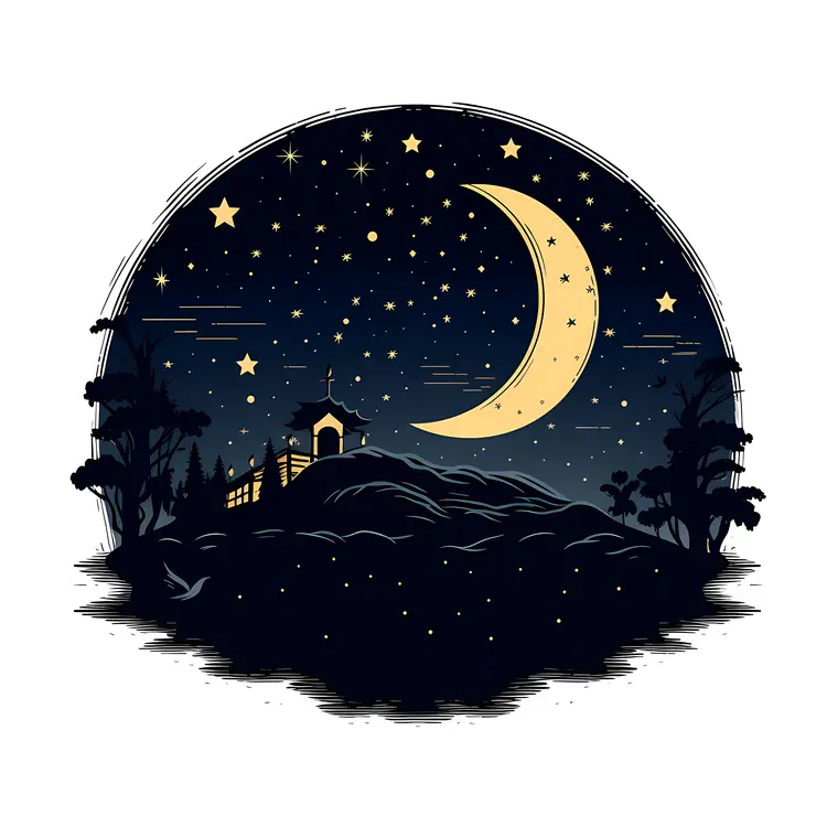 Moonlit Night with Stars and House on Hill