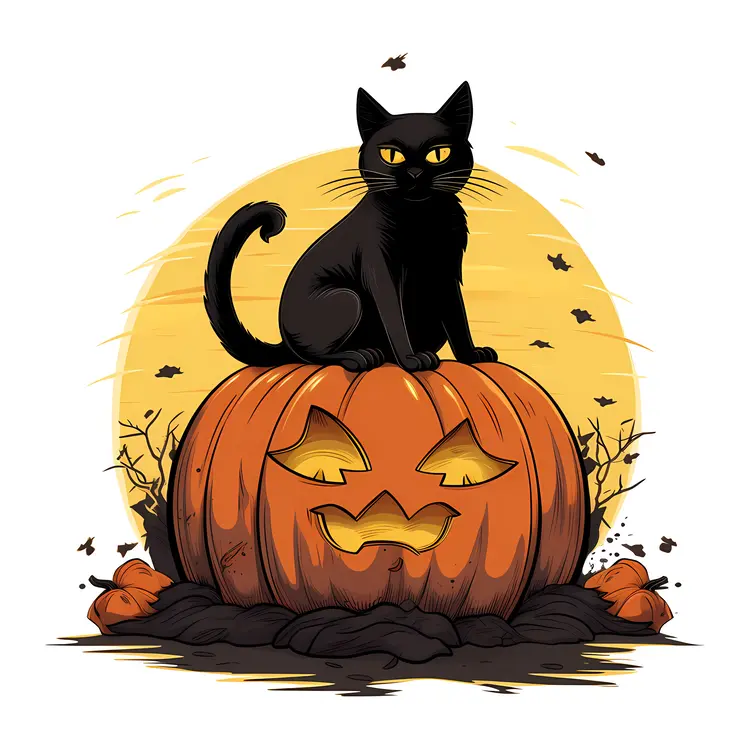 Black Cat on Halloween Pumpkin Illustration