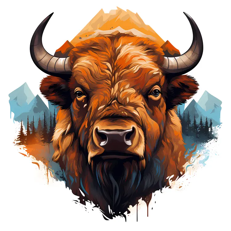 Bison Portrait with Mountain Background