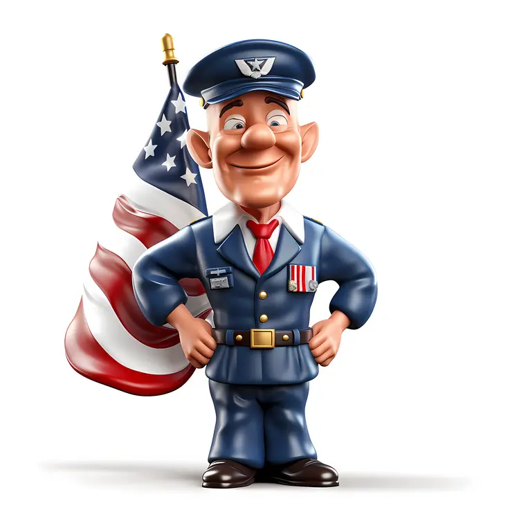 Cartoon Soldier with Medals and American Flag