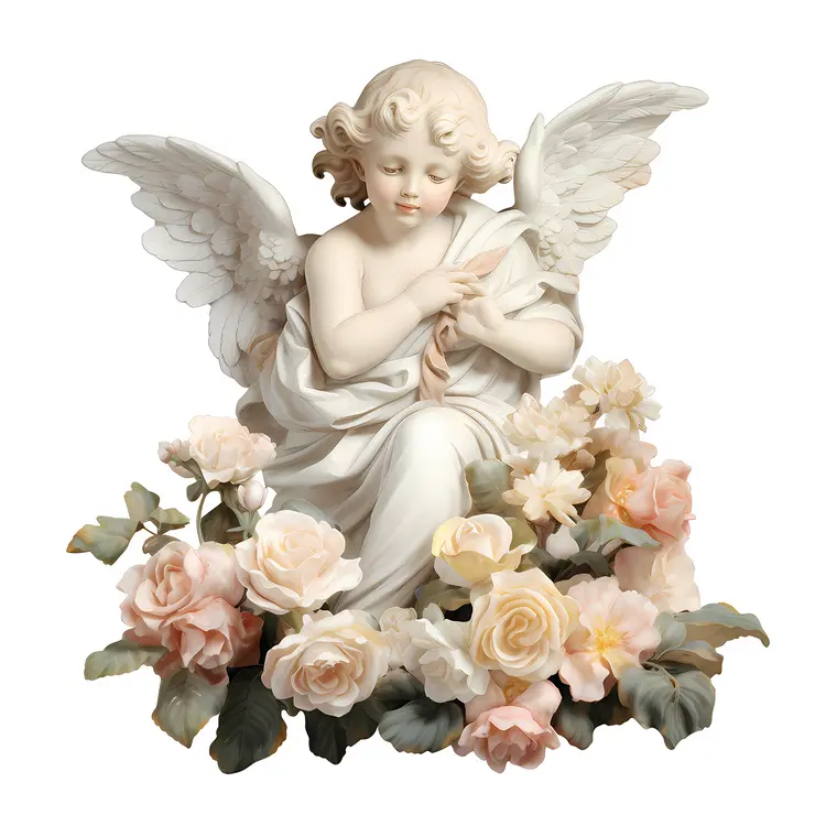 Innocent Cherub Statue with Pink and Yellow Flowers