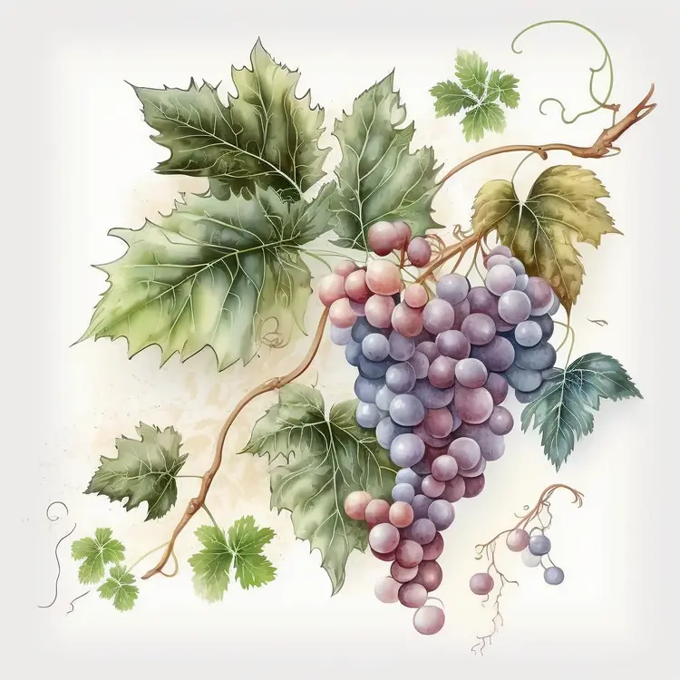 Watercolor Grapes with Vine and Leaves