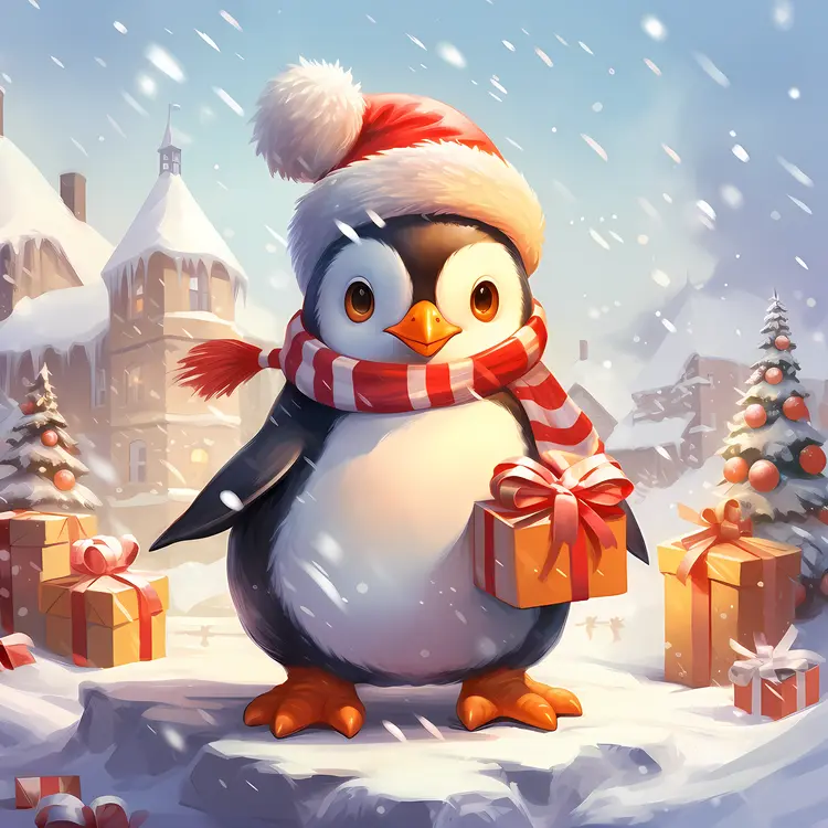 Penguin with Gift in Snowy Village