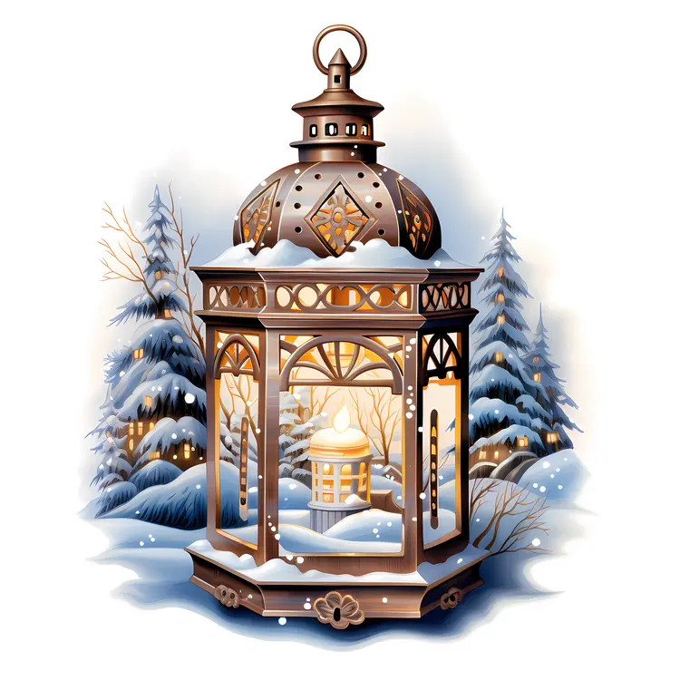Golden Lantern in Snowy Forest