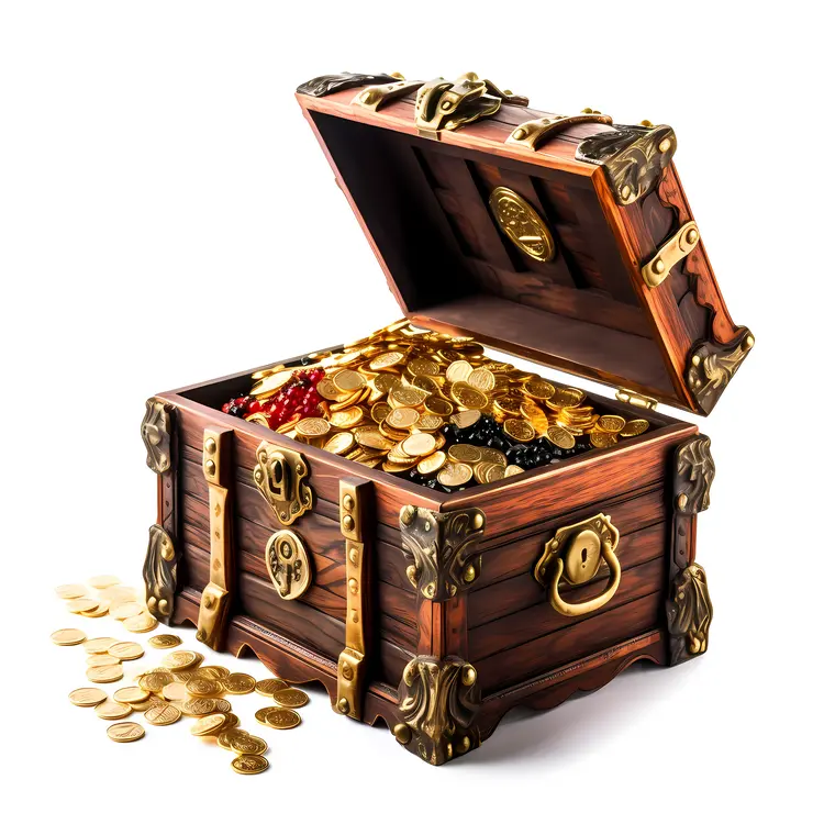 Wooden Treasure Chest Filled with Gold Coins