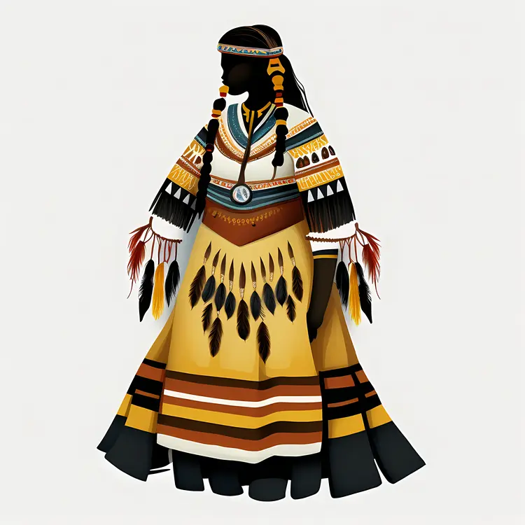 Traditional Native American Dress with Feathers and Patterns