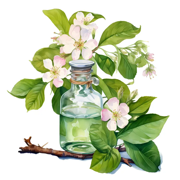 Bottle with Green Leaves and Flowers