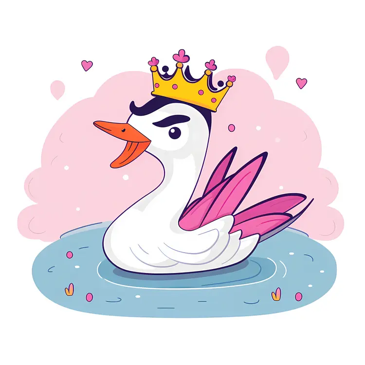 Cute Cartoon Duck with Crown in Water