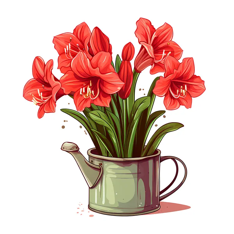 Red Flowers in Green Watering Can
