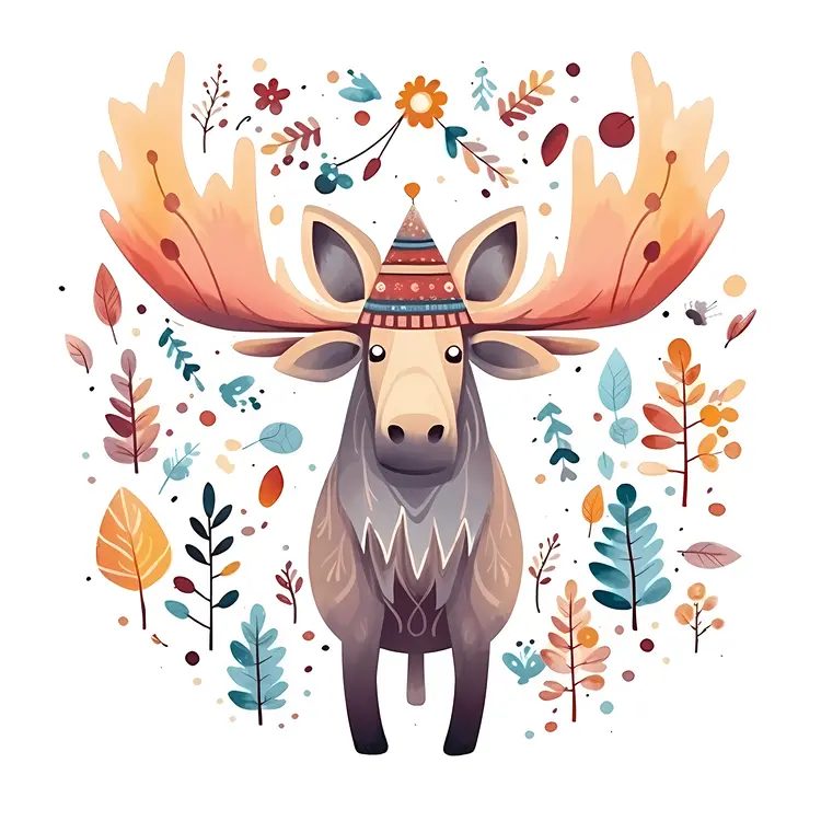 Moose with a Party Hat in a Forest