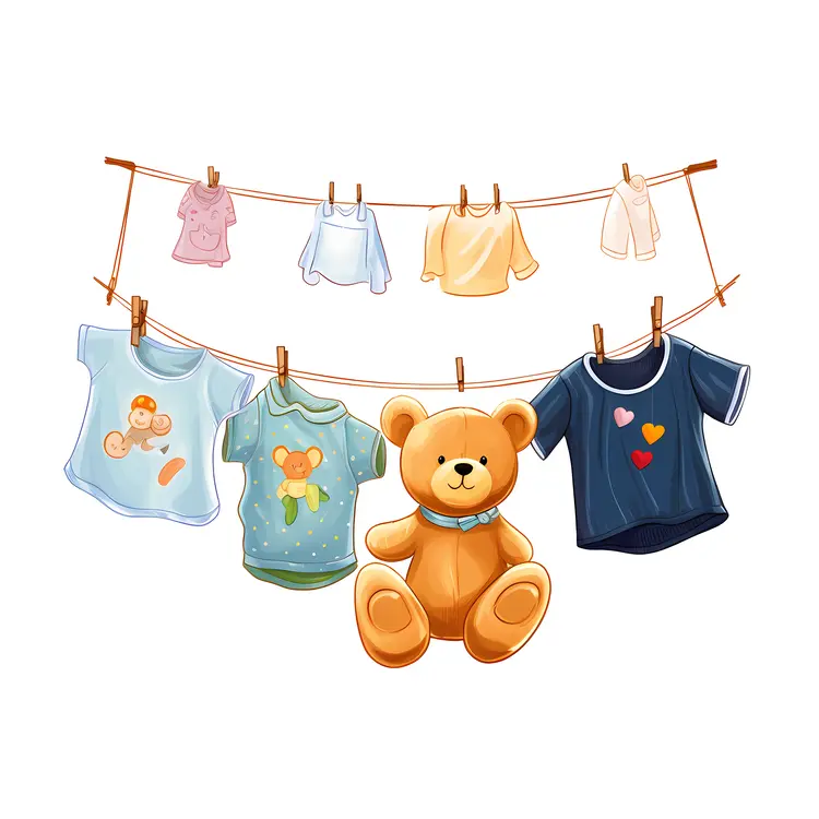 Cute Teddy Bear with Baby Clothes on Clothesline