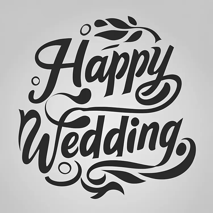 Happy Wedding Text with Leaves on Gray Background