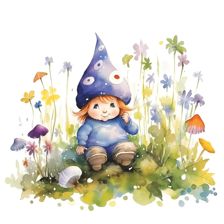 Cute Gnome in a Flower Garden