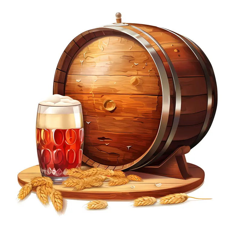 Wooden Barrel with Beer and Wheat