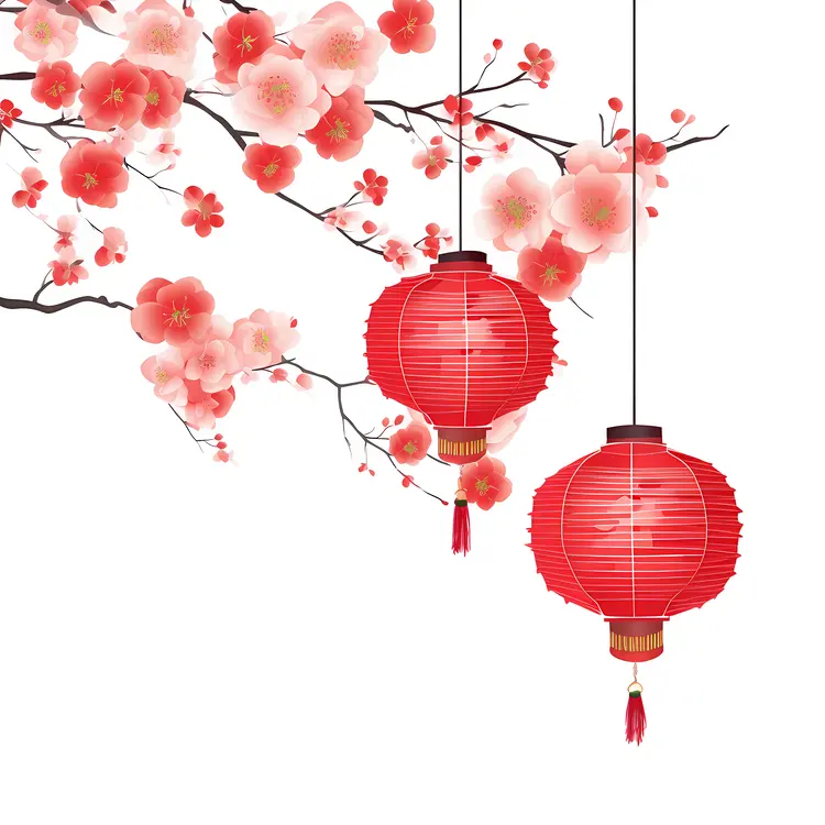 Red Lanterns with Cherry Blossoms for Chinese New Year