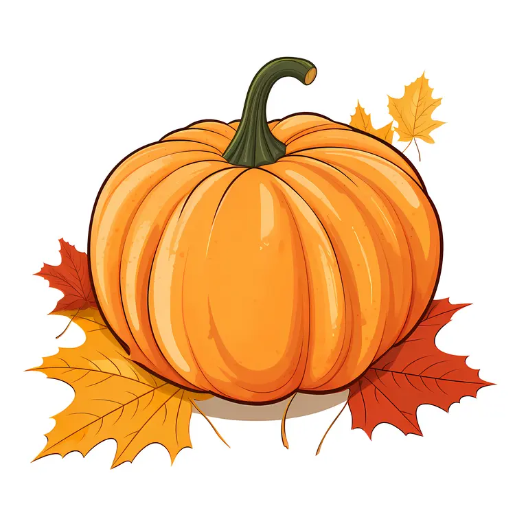Orange Pumpkin with Autumn Leaves
