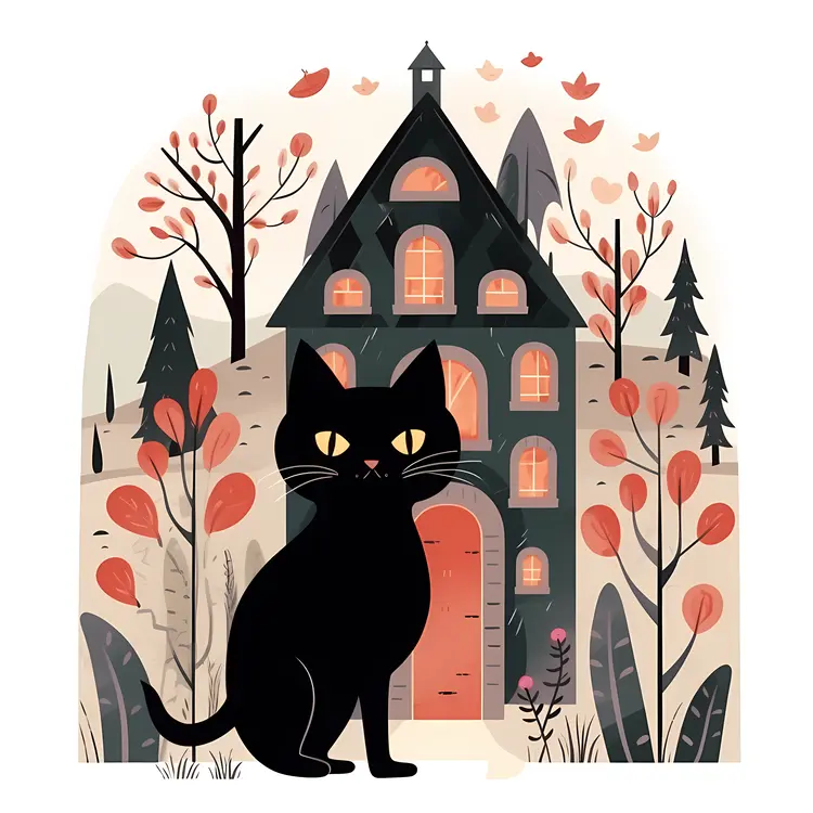 Black Cat in Front of Haunted House