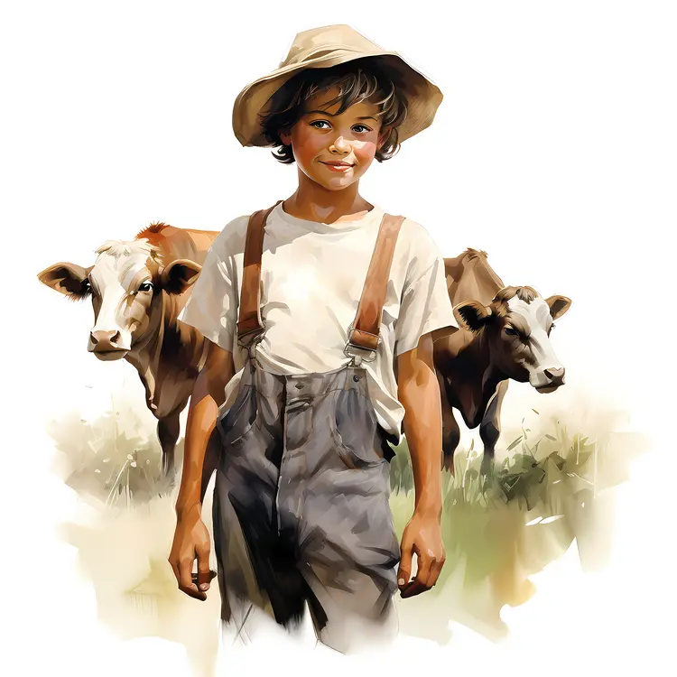 Boy with Cows in a Field