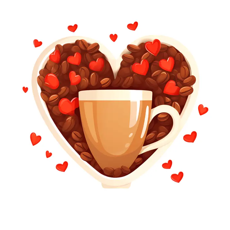 Coffee Cup with Heart-Shaped Coffee Beans and Hearts