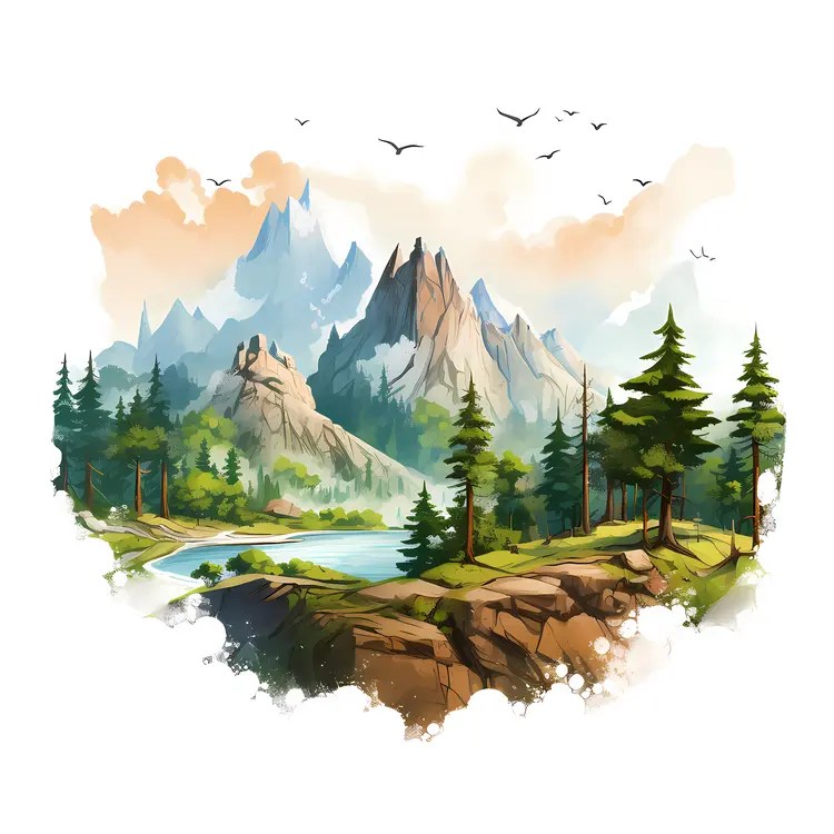 Mountain Landscape with Lake and Birds