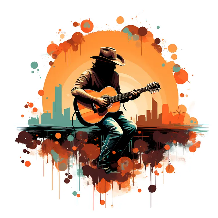 Guitar Player at Sunset with Cityscape
