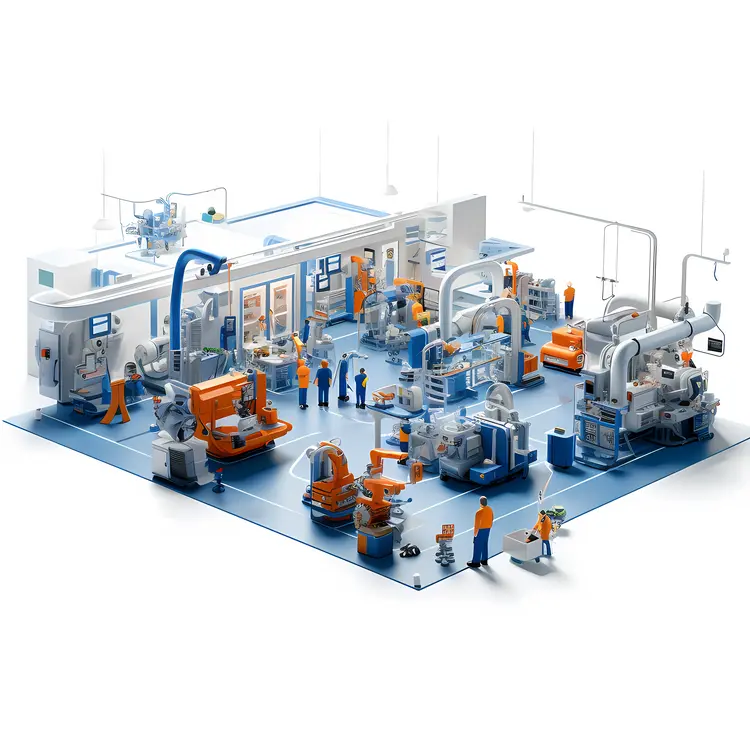 Factory Floor with Workers and Machinery