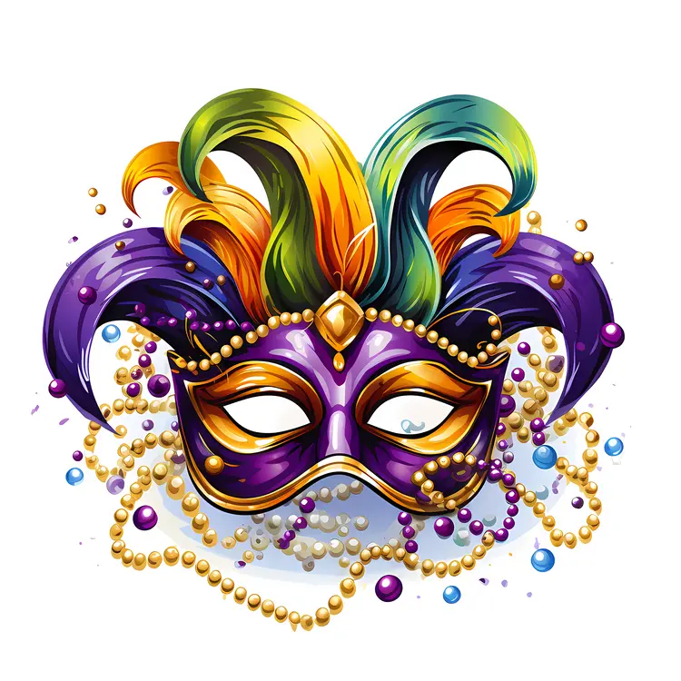 Purple Mask with Feathers and Beads for Mardi Gras