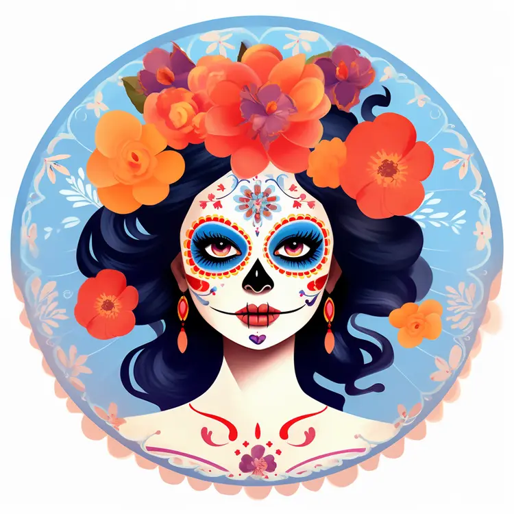 Colorful Sugar Skull with Floral Decorations for Day of the Dead Celebration