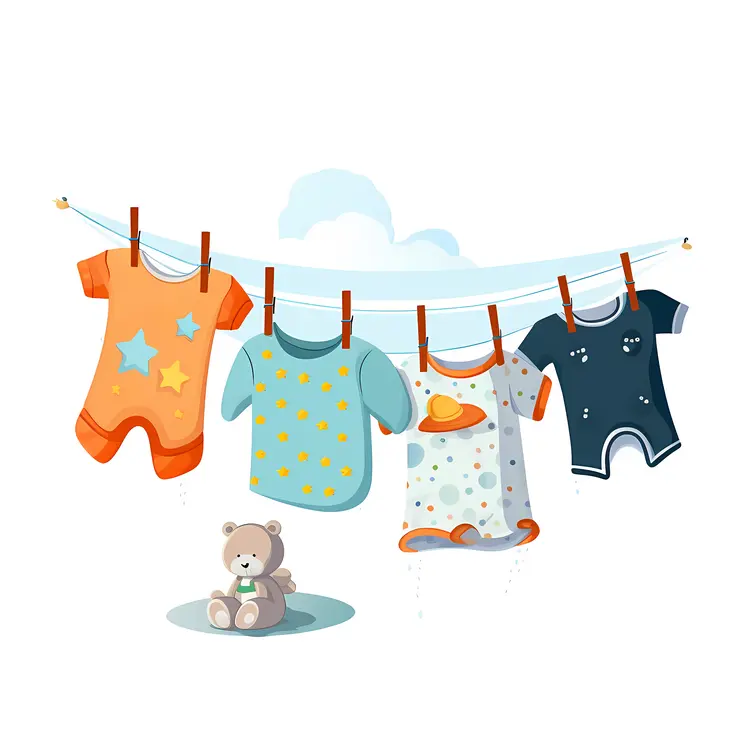 Cute Baby Clothes Hanging on Clothesline with Teddy Bear