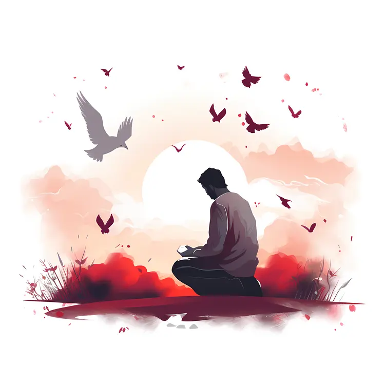 Man Meditating at Sunset with Birds
