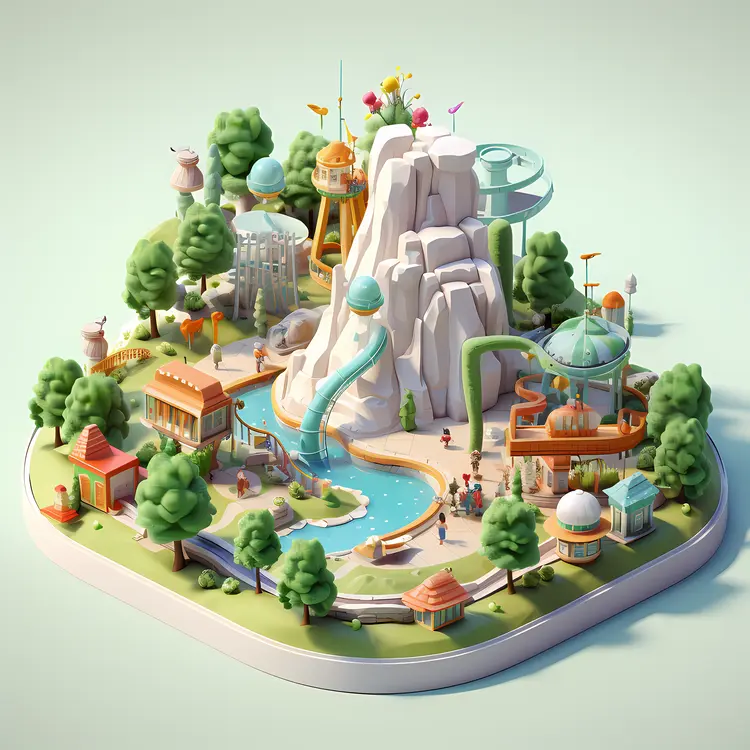 Miniature Park with Slides and Buildings