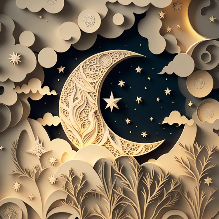 Intricate Paper Art Moon and Stars in Night Sky