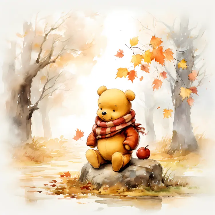 Yellow Bear Sitting with Apple in Autumn