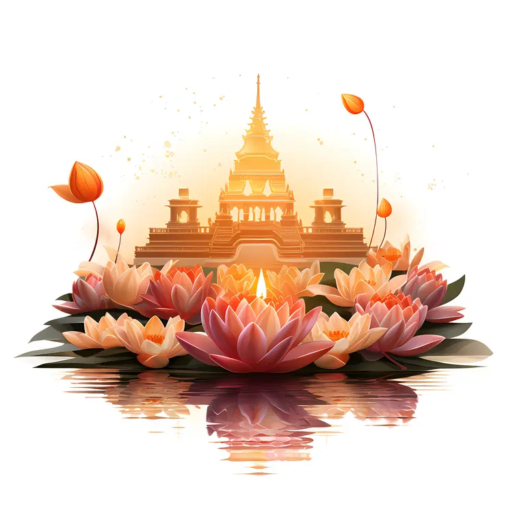 Temple and Lotus Flowers for Loy Krathong