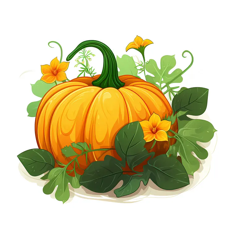 Orange Pumpkin with Green Leaves and Vines