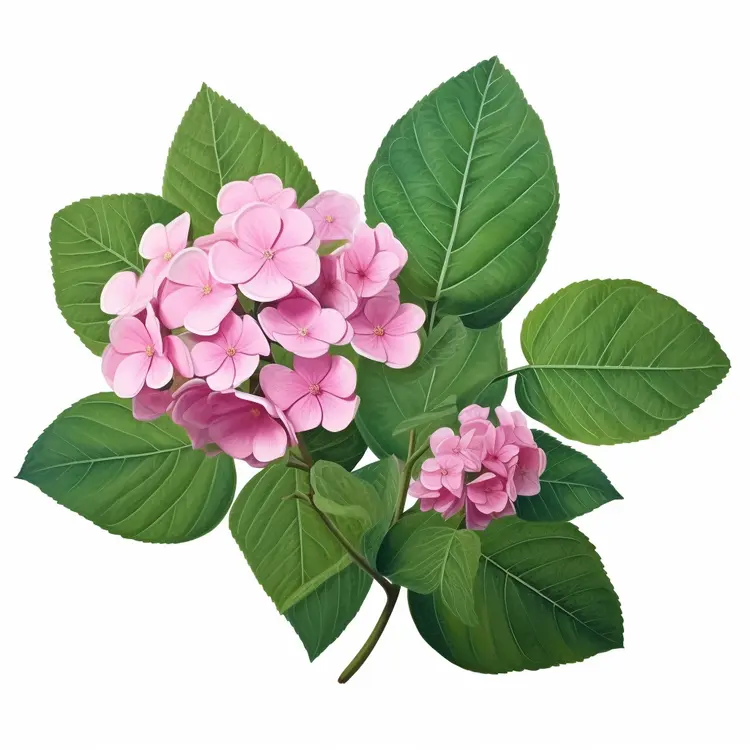 Pink Hydrangea Blooms with Green Leaves
